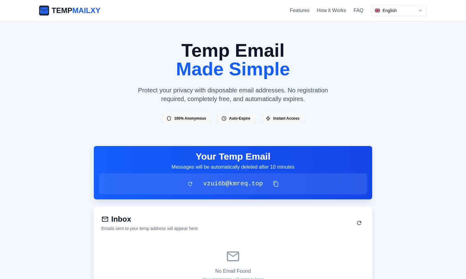 Temp Mail XY application interface and features