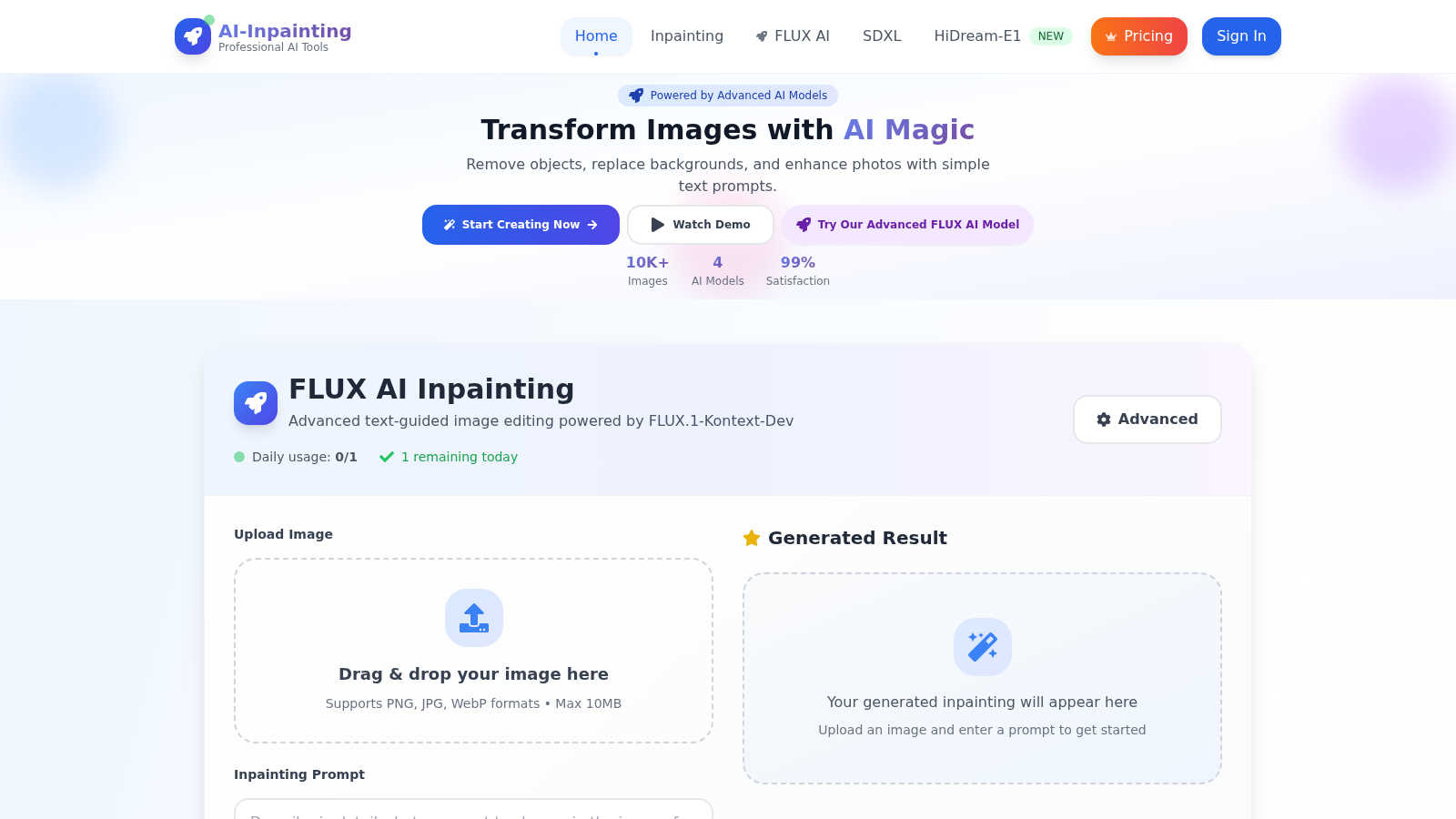 AI Inpainting application interface and features