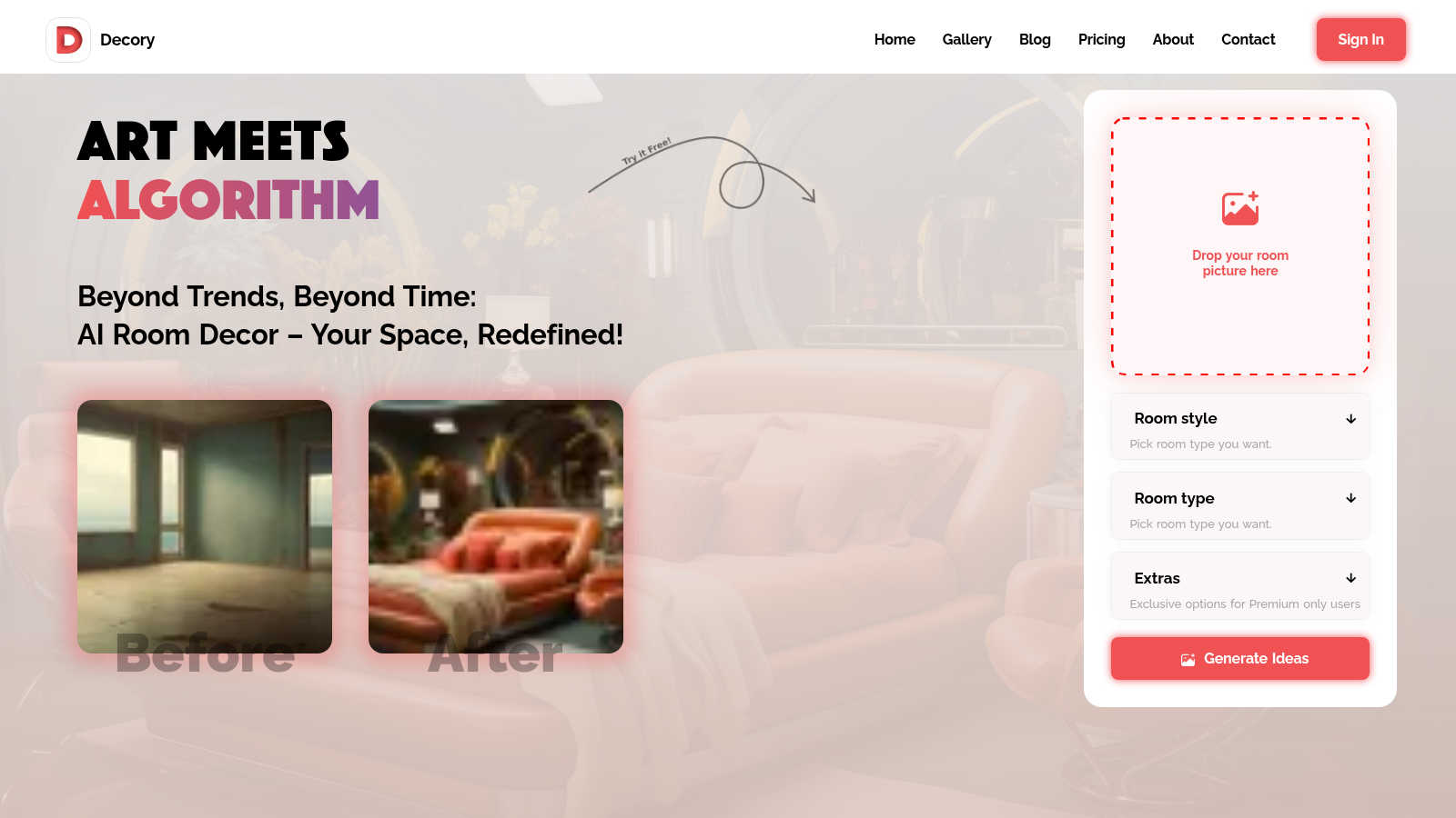 Decory application interface and features