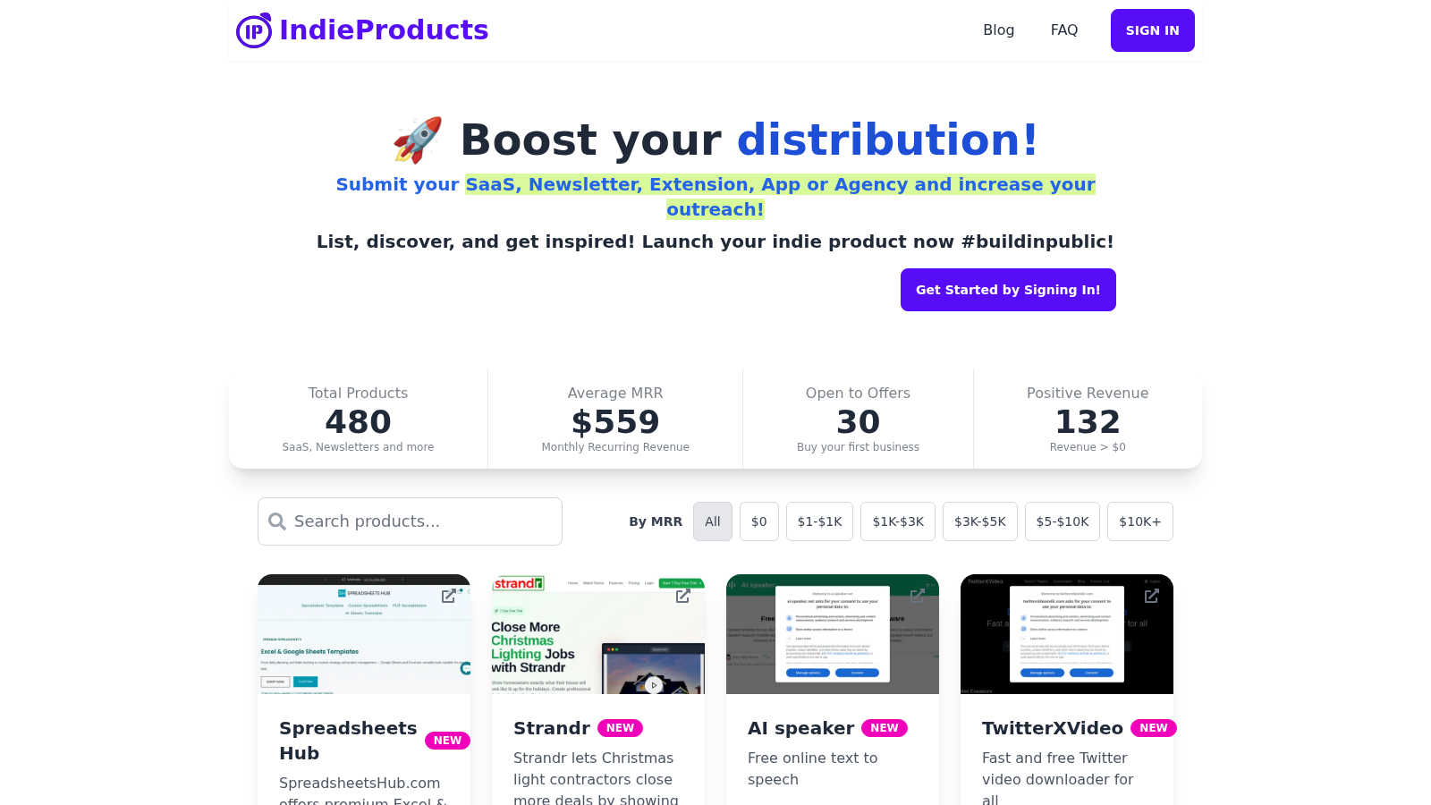 Indie Products application interface and features