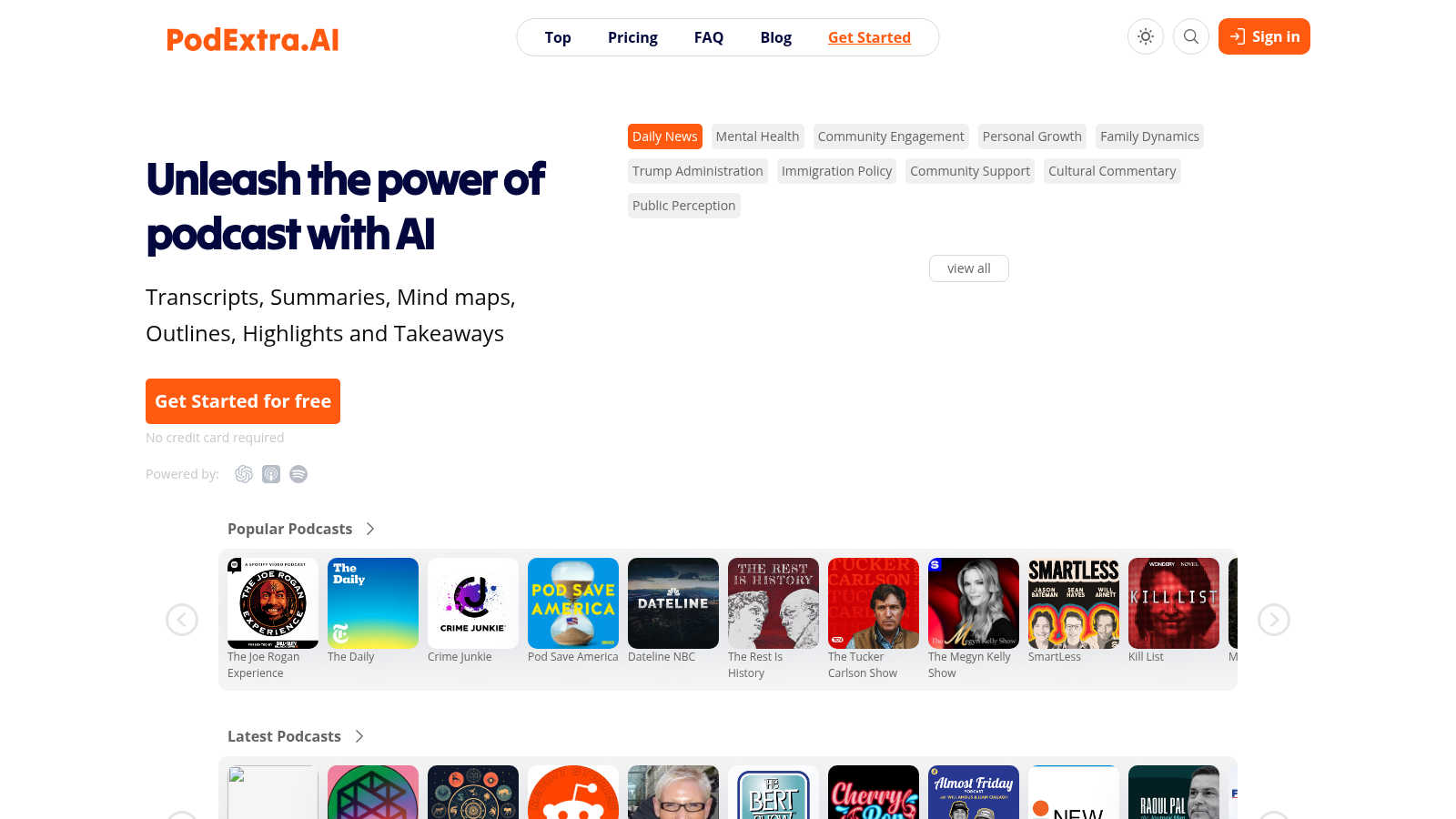 PodExtra AI - Podcast summarizer with transcript and mindmap application interface and features