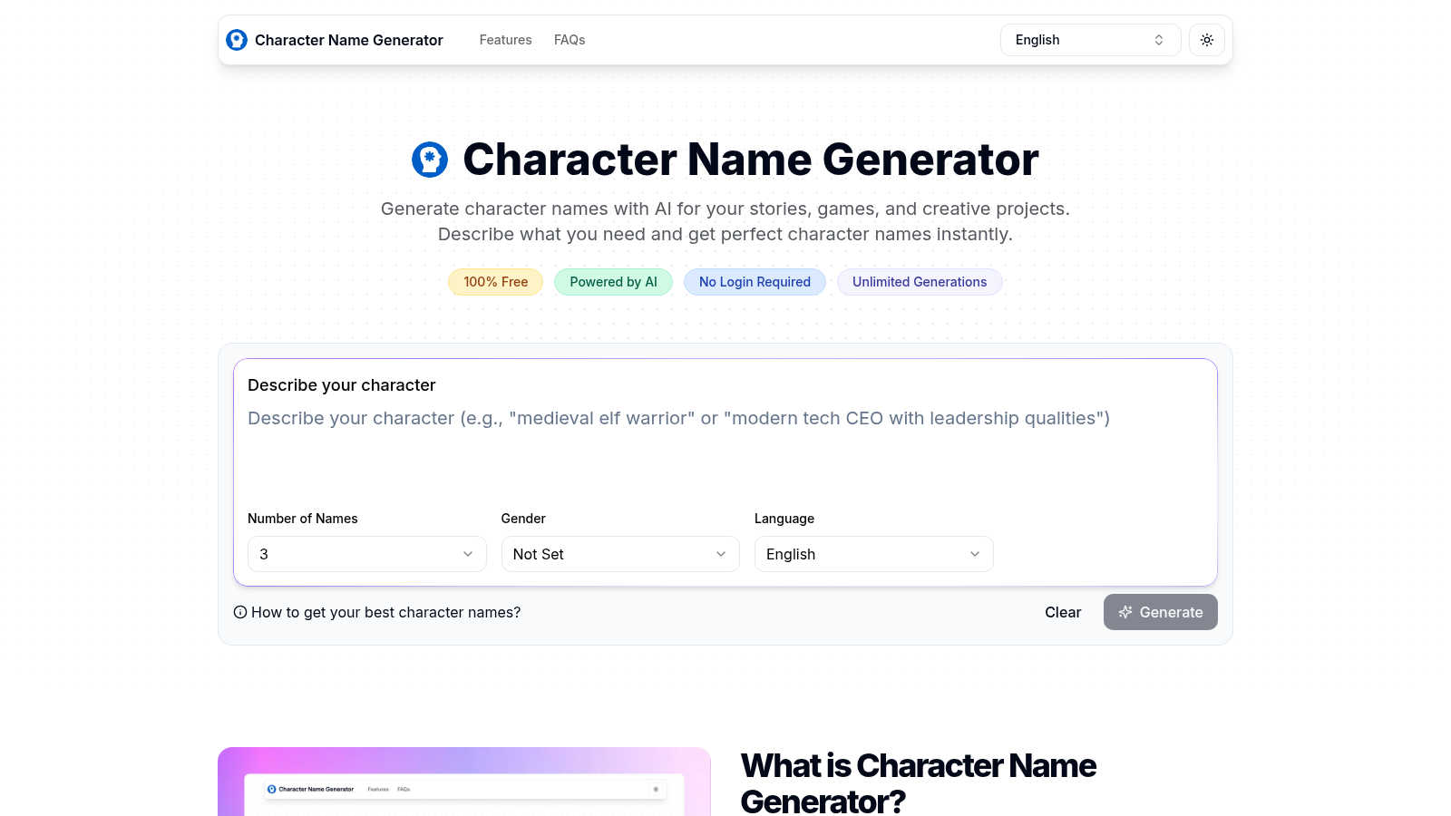Character Name Generator application interface and features