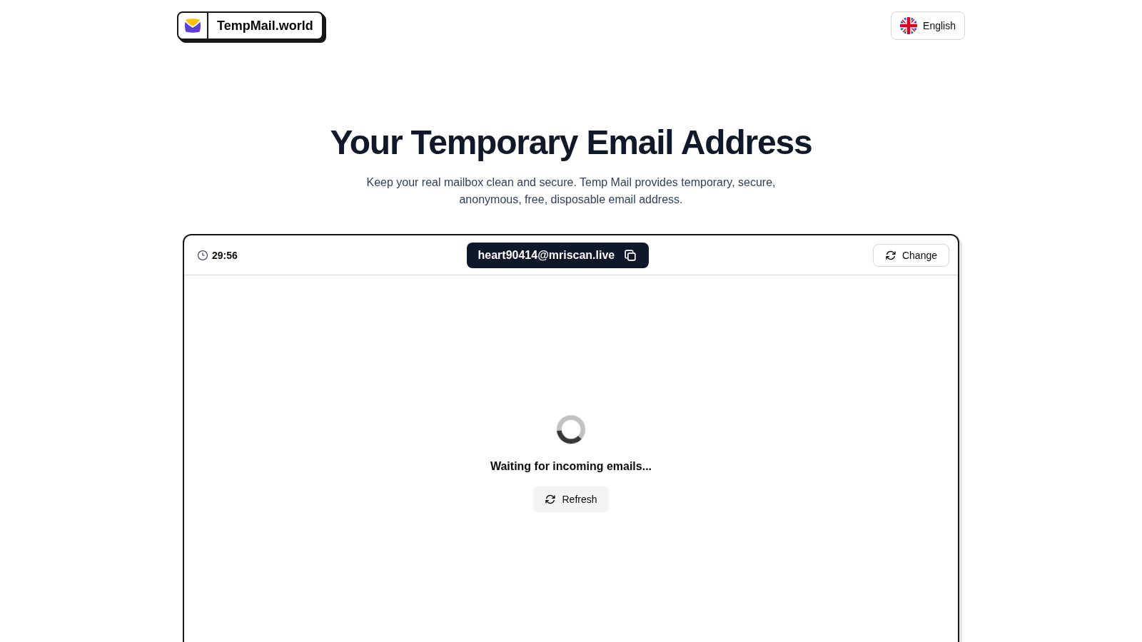 Tempmail.world application interface and features