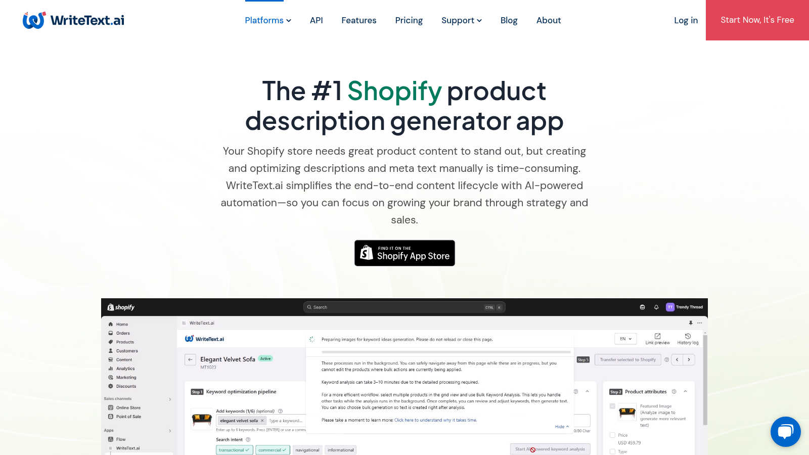 WriteText.ai for Shopify application interface and features