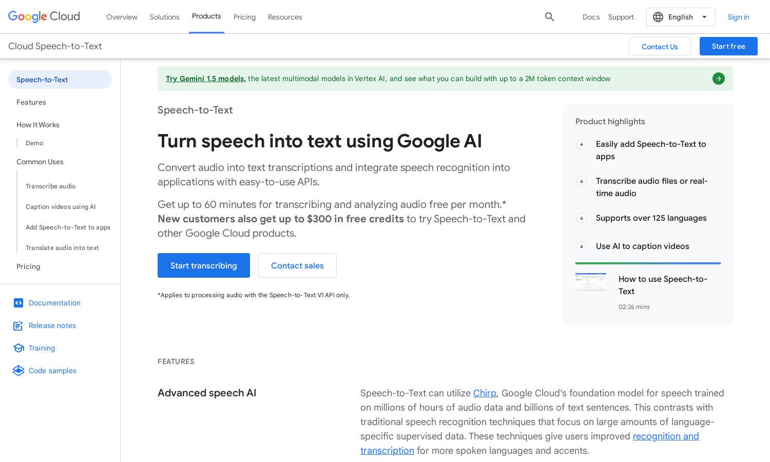 Google Cloud Speech-to-Text Website