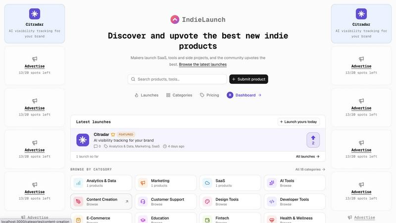IndieLaunch application interface and features