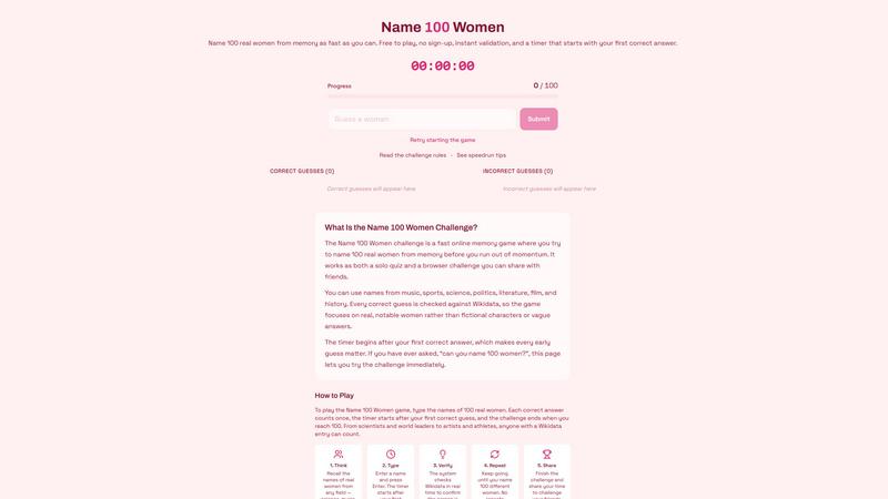 Name 100 Women application interface and features