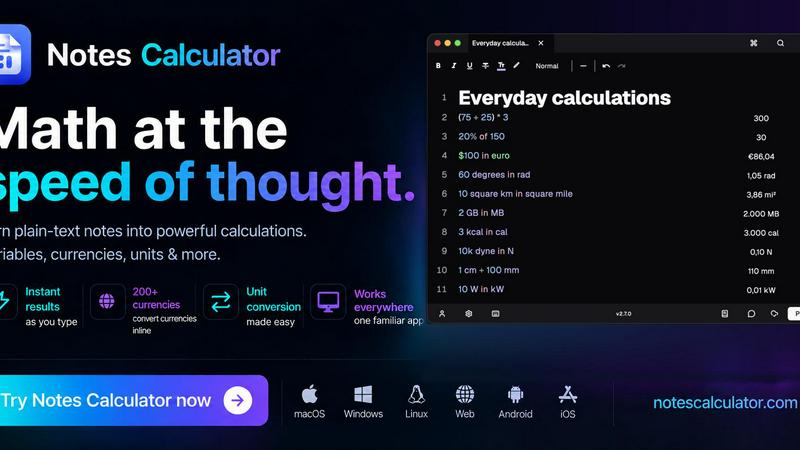 Notes Calculator application interface and features