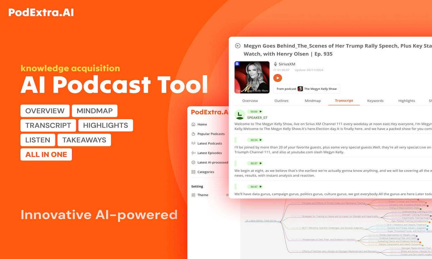 PodExtra AI - Podcast summarizer with transcript and mindmap Website