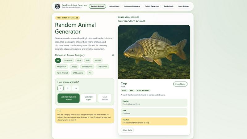 Random Animal Generator application interface and features