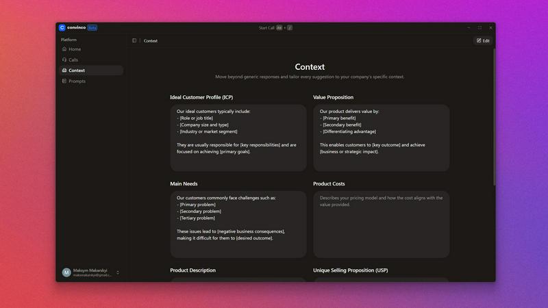 Convinco application interface and features